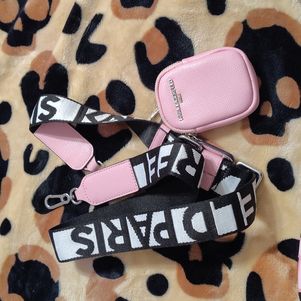 Karl Lagerfeld Pink Leather Mini Crossbody Pouch with Black-and-White Logo Strap